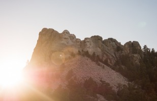 Mount Rushmore on a Beautiful morning, viewed from far below.